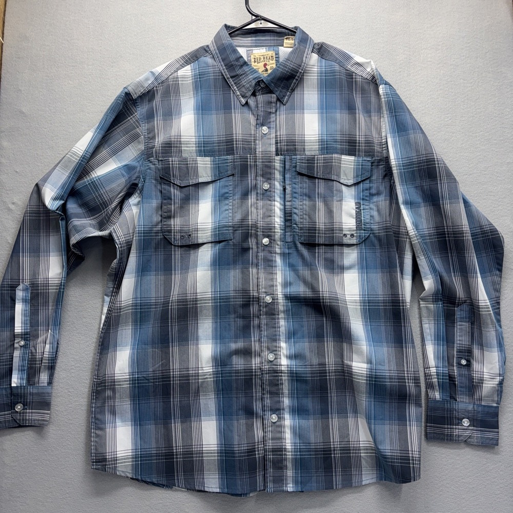RedHead Button Up Plaid Outdoor Mens XL Blue Gray Double Pocket Shirt